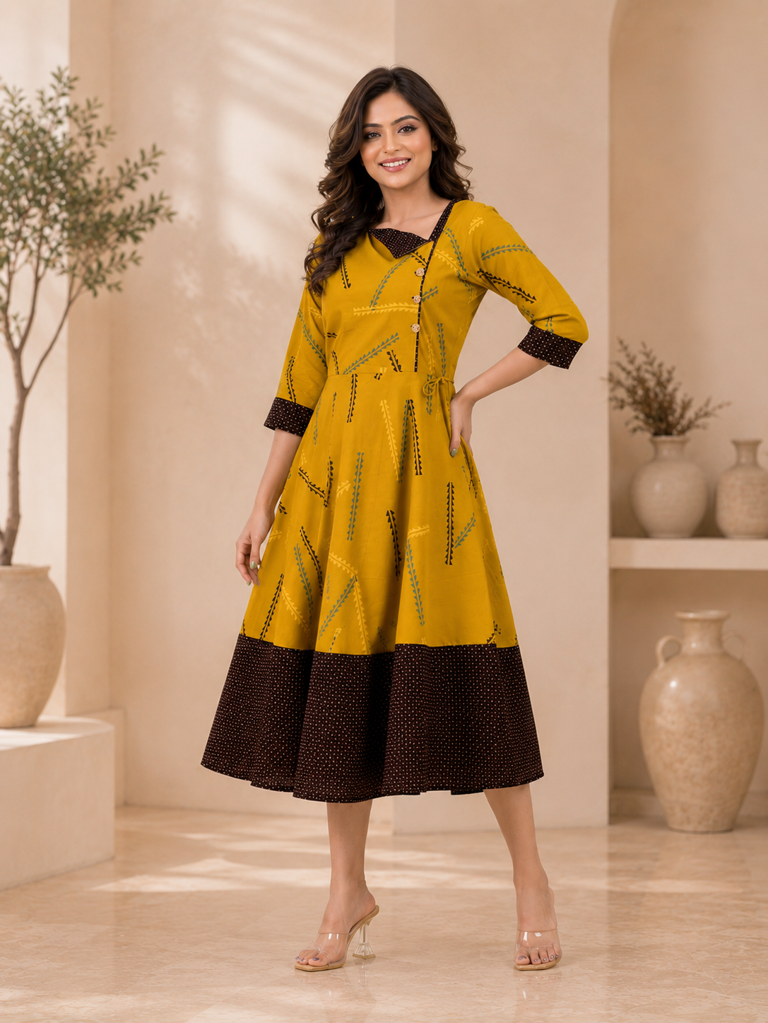 anarkali midi dress New Gaia Anarkali Dress,pure Cotton,hand Block  Printed,bohemian,brown,maroon,wrap Front Dress,casual,occasional,ethical  Fashion,handcrafted