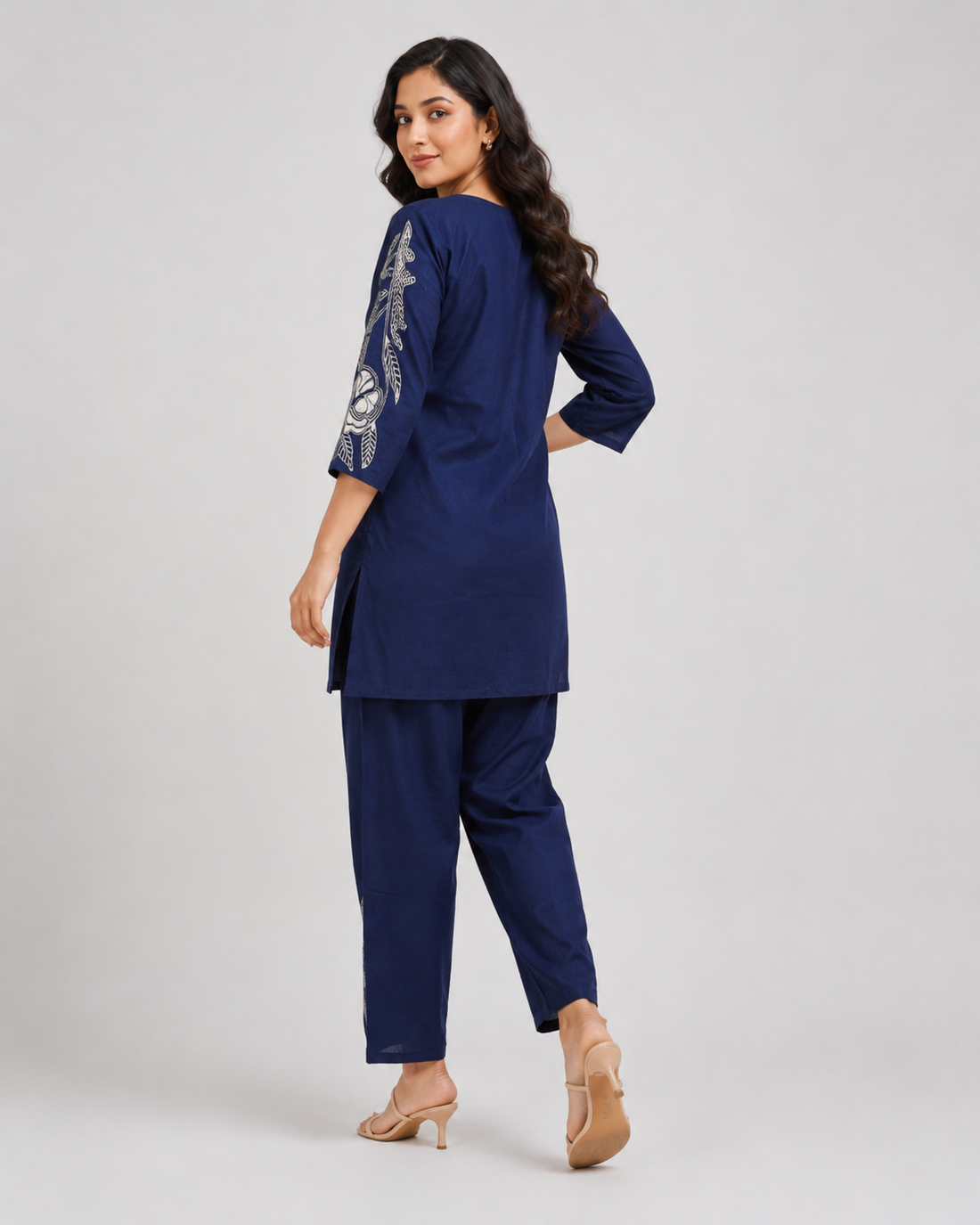 Navy Blue Embroidered Cotton Kurti Pant Co-Ord Set for Women