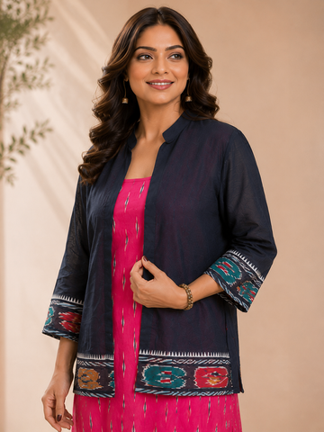 Women's Pink Ikat Print Straight Dress with Navy Blue Shrug | Ethnic Fusion Midi Dress