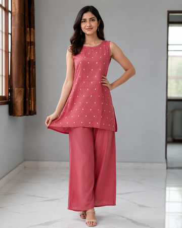 Dusty Rose Pure Cotton Halter Neck Co-ord Set with Corset Tie Back & Wide-Leg Pants