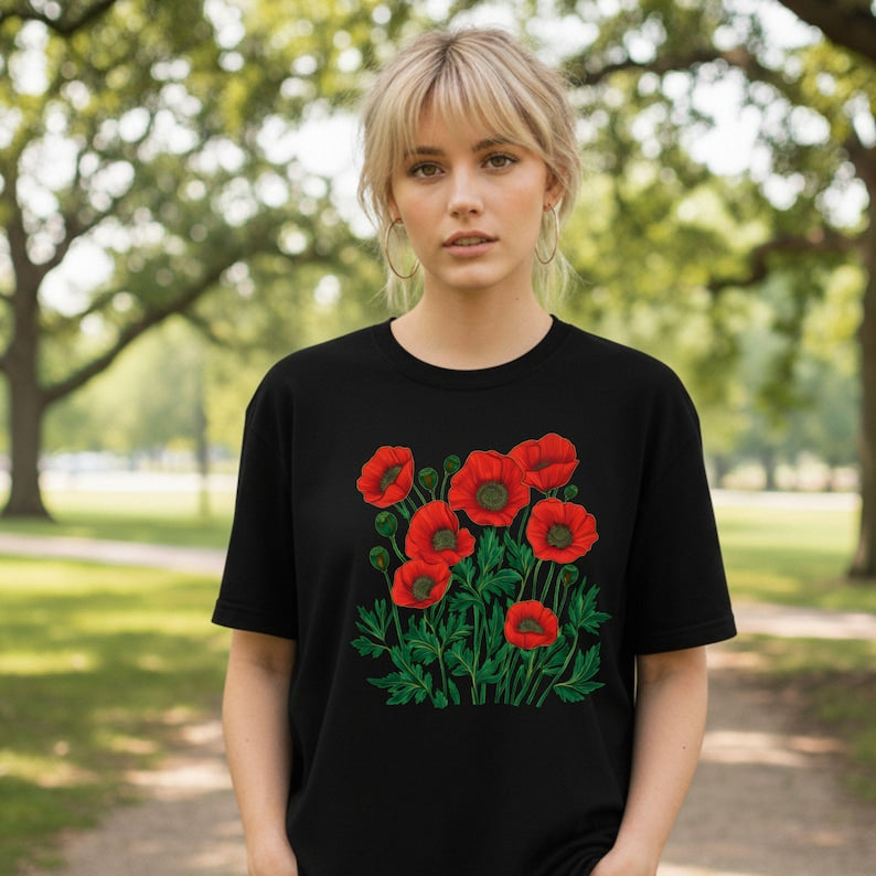 Red & Pink Poppy Botanical Floral Graphic T-Shirt - Nature Lover Tee