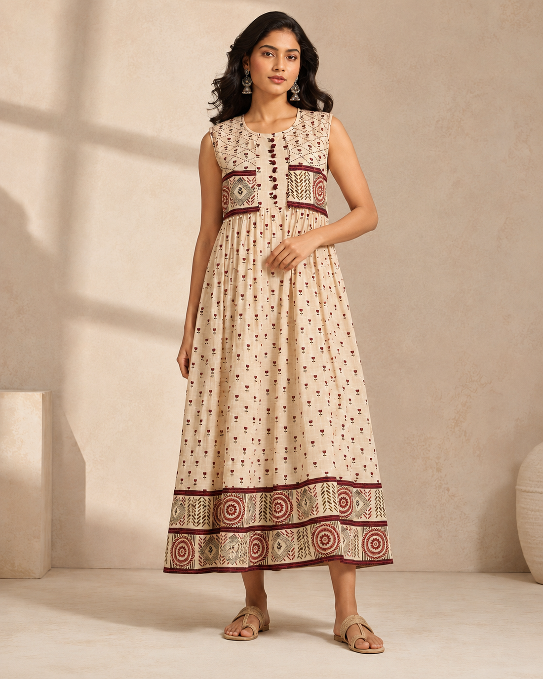 Women's 60x60 Cotton Ethnic Printed Sleeveless Maxi Dress