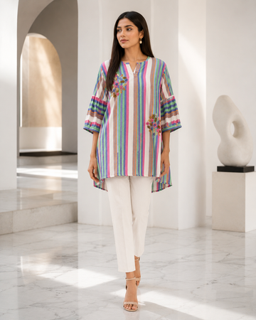 Elegant Multicolor Striped Embroidered Kurti with Bell Sleeves