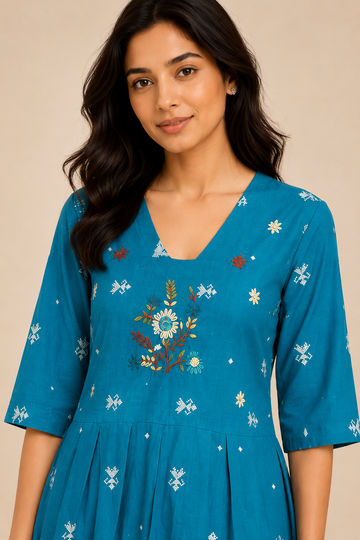 Women's Turquoise Floral Embroidered Peplum Top | Stylish Half Sleeve Ethnic Top