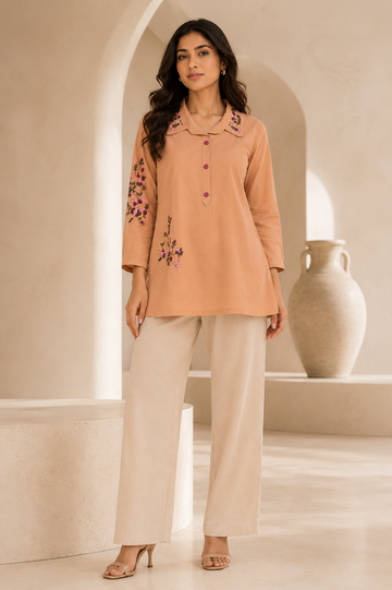 Women's Peach Floral Embroidered Collared Cotton Kurti | Full Sleeve Casual Ethnic Top