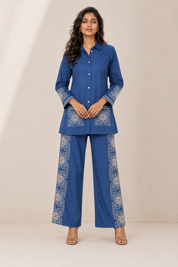 Women's Blue Denim Embroidered Co-Ord Set with Collared Shirt & Wide-Leg Palazzo Pants