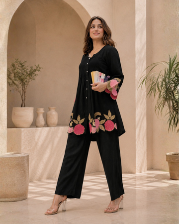 Premium Black Embroidered Co-Ord Set for Women | Floral Designer Kurta & Palazzo Set