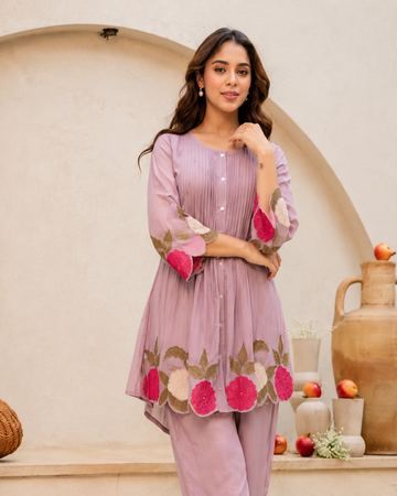 Premium Lavender Embroidered Co-Ord Set for Women | Elegant Floral Designer Kurta & Pants Set