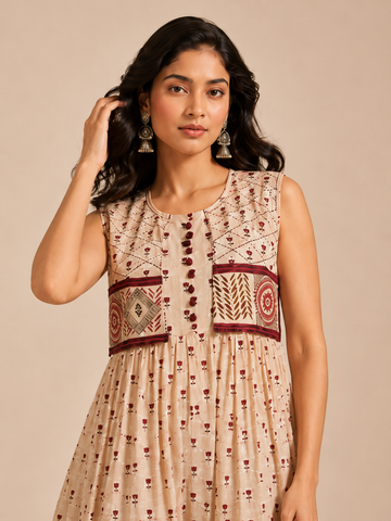 Women's 60x60 Cotton Ethnic Printed Sleeveless Maxi Dress