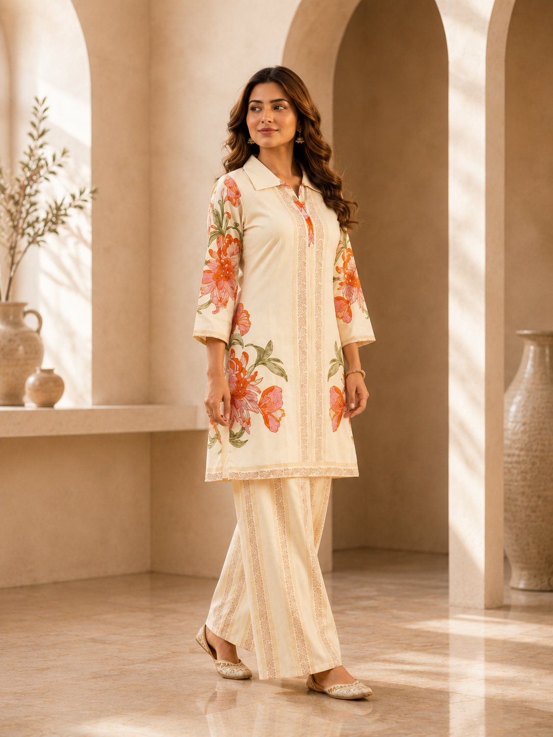 Women's Premium Cream Floral Printed Co-Ord Set | Elegant Kurta & Palazzo Set
