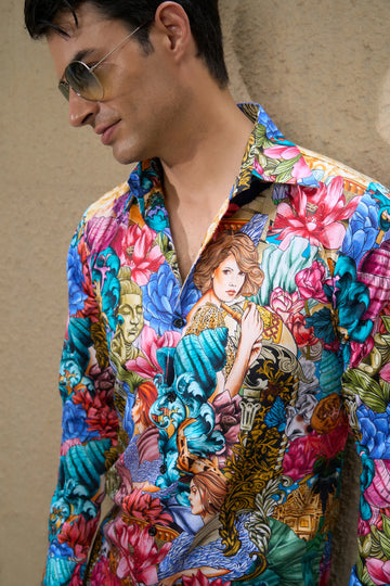 Men's Renaissance Art & Floral Print Luxury Shirt | Premium Multi-Color Party Wear Button-Down