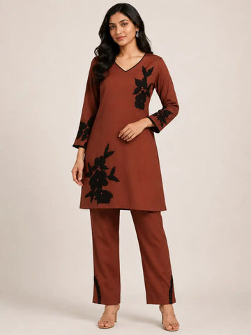 Women's Brown Floral Mal Chanderi Kurta Pant Set