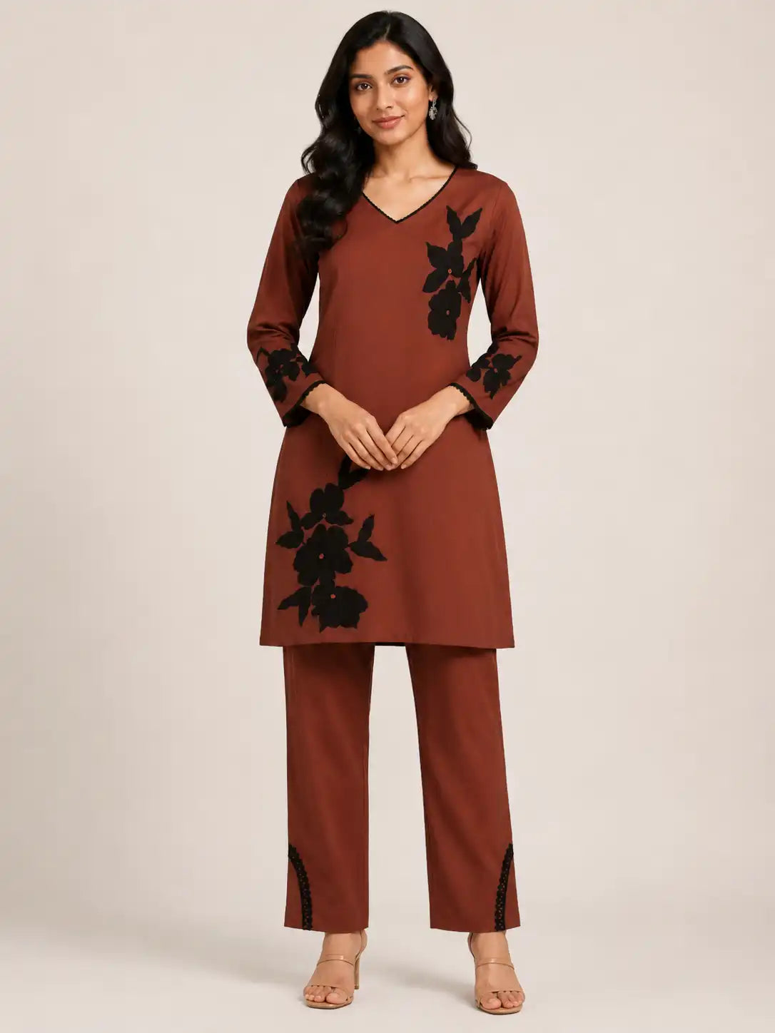 Women's Brown Floral Mal Chanderi Kurta Pant Set