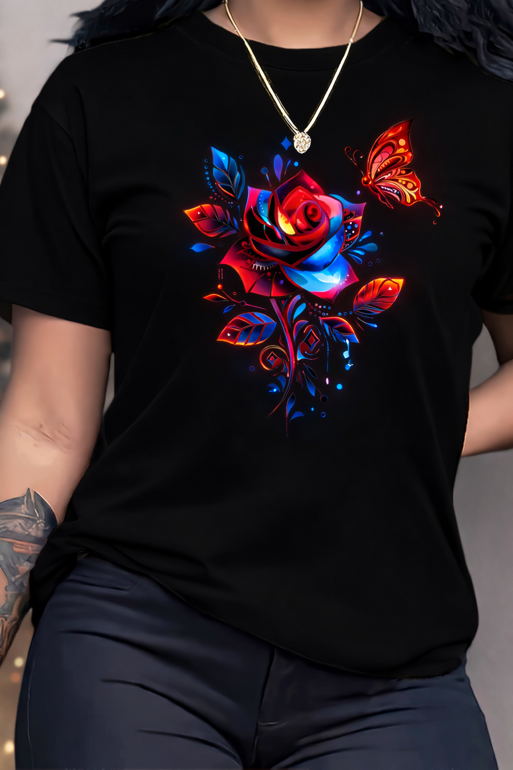 Women's Luxurious Rose & Butterfly Graphic T-Shirt | Premium Floral Summer Tee