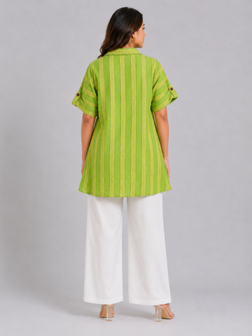 Lime Green Hand Embroidered Striped Kurti for Women | Casual Ethnic Shirt Style Top