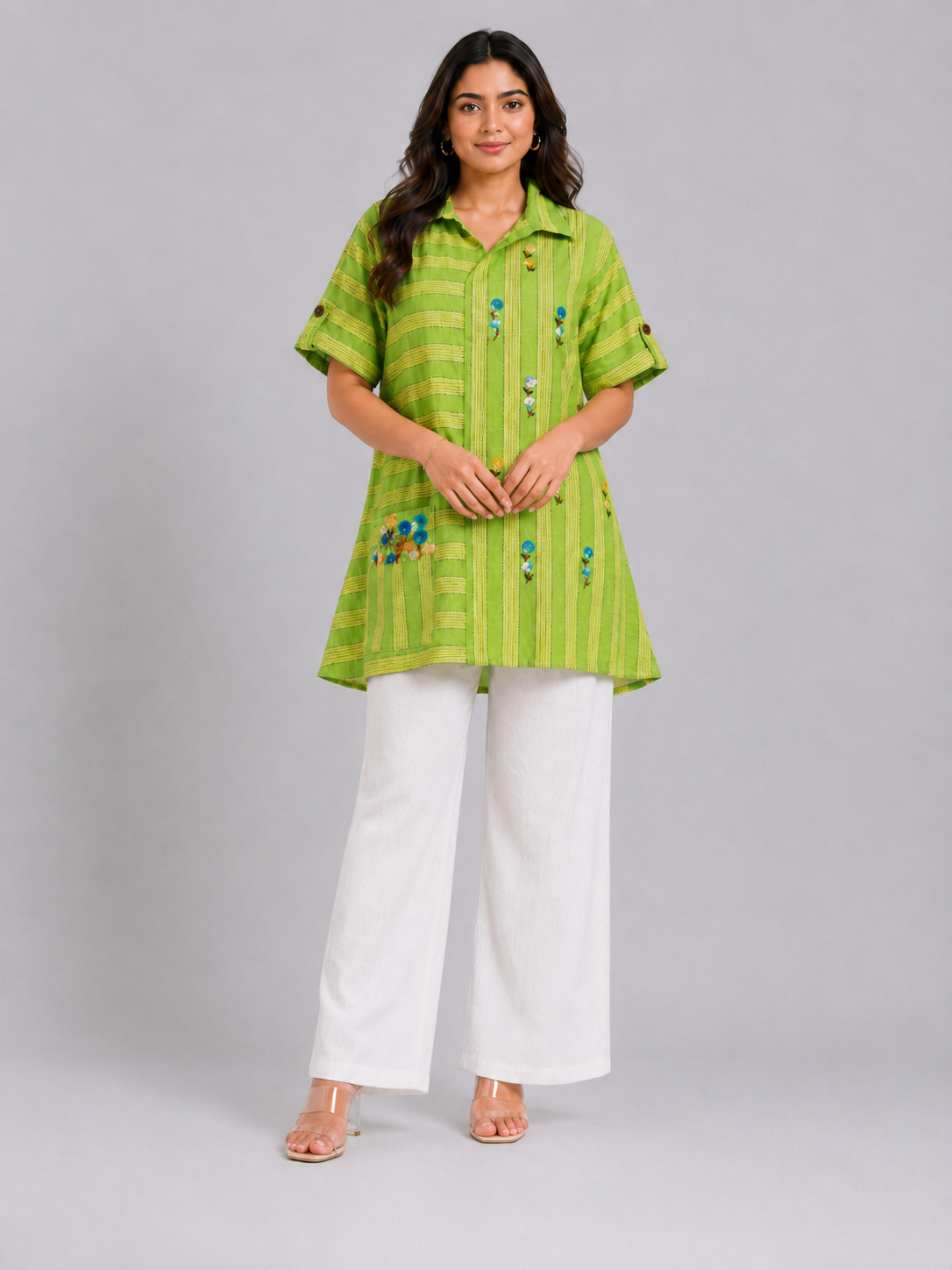 Lime Green Hand Embroidered Striped Kurti for Women | Casual Ethnic Shirt Style Top