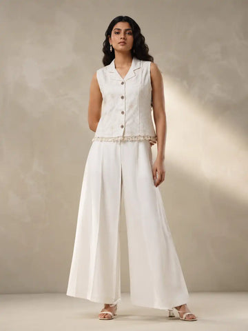 Women's Ivory Premium Linen Sleeveless Co-Ord Set with Wide Leg Pants