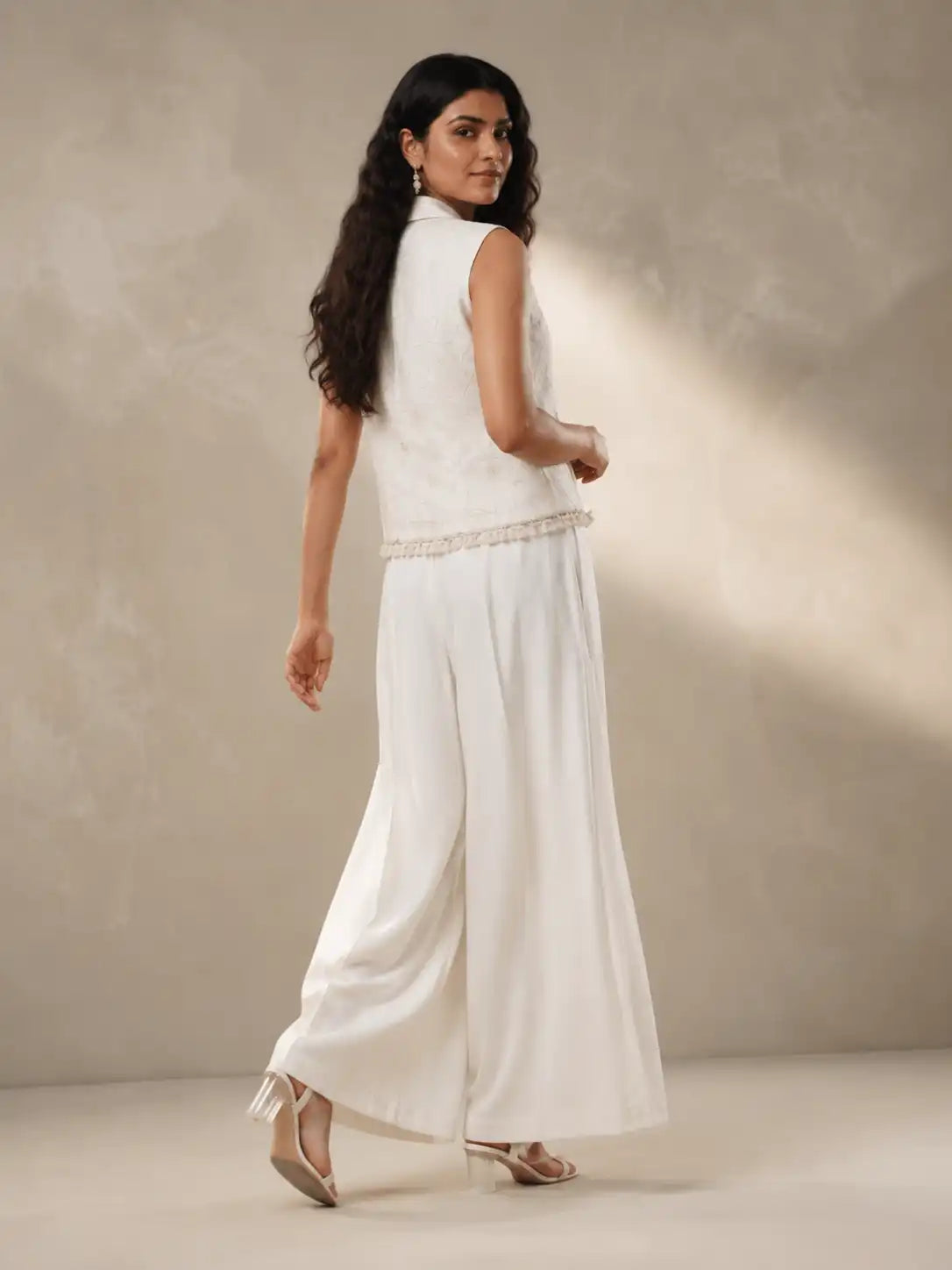 Women's Ivory Premium Linen Sleeveless Co-Ord Set with Wide Leg Pants