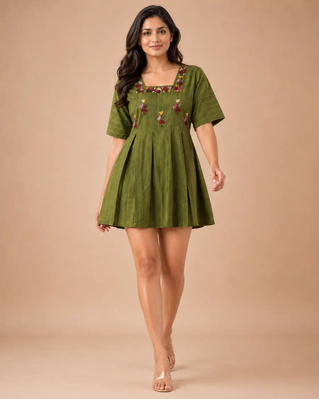 Women's Olive Green Pleated Tunic Dress with Hand Embroidered Floral Design | Casual Cotton Mini Dress