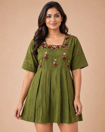 Women's Olive Green Pleated Tunic Dress with Hand Embroidered Floral Design | Casual Cotton Mini Dress