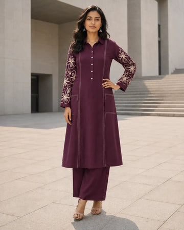 Women's Premium Plum Purple Softy Linen Embroidered Kurta Pant Set