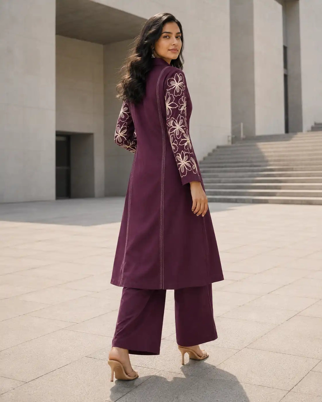 Women's Premium Plum Purple Softy Linen Embroidered Kurta Pant Set