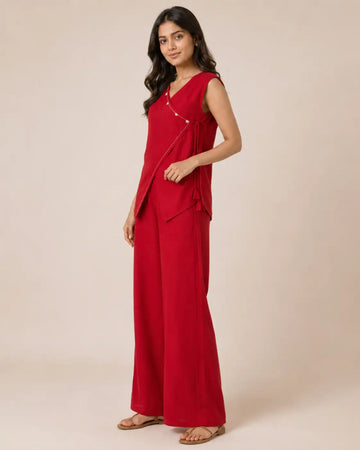 Women's Red Angrakha Flex Cotton Co-Ord Set with Wide Leg Pants