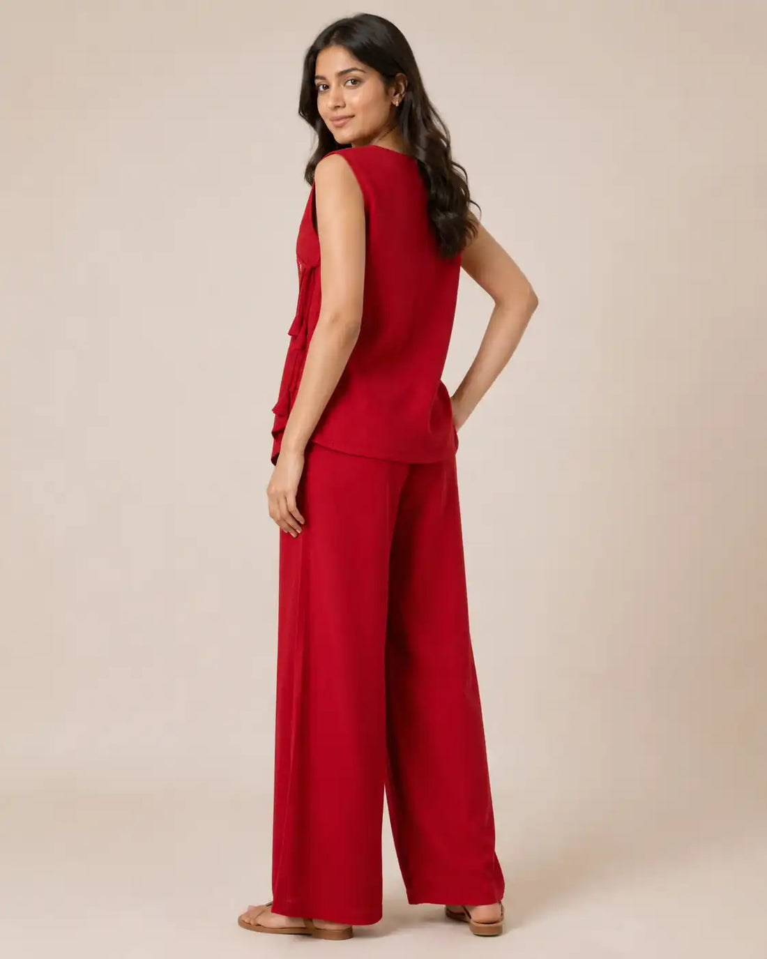 Women's Red Angrakha Flex Cotton Co-Ord Set with Wide Leg Pants
