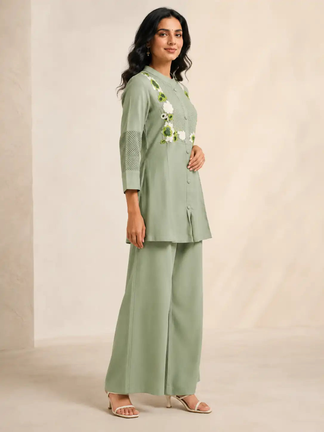 Women's Sage Green Floral Embroidered Flex Cotton Co-Ord Set with Straight Pants