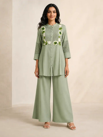 Women's Sage Green Floral Embroidered Flex Cotton Co-Ord Set with Straight Pants