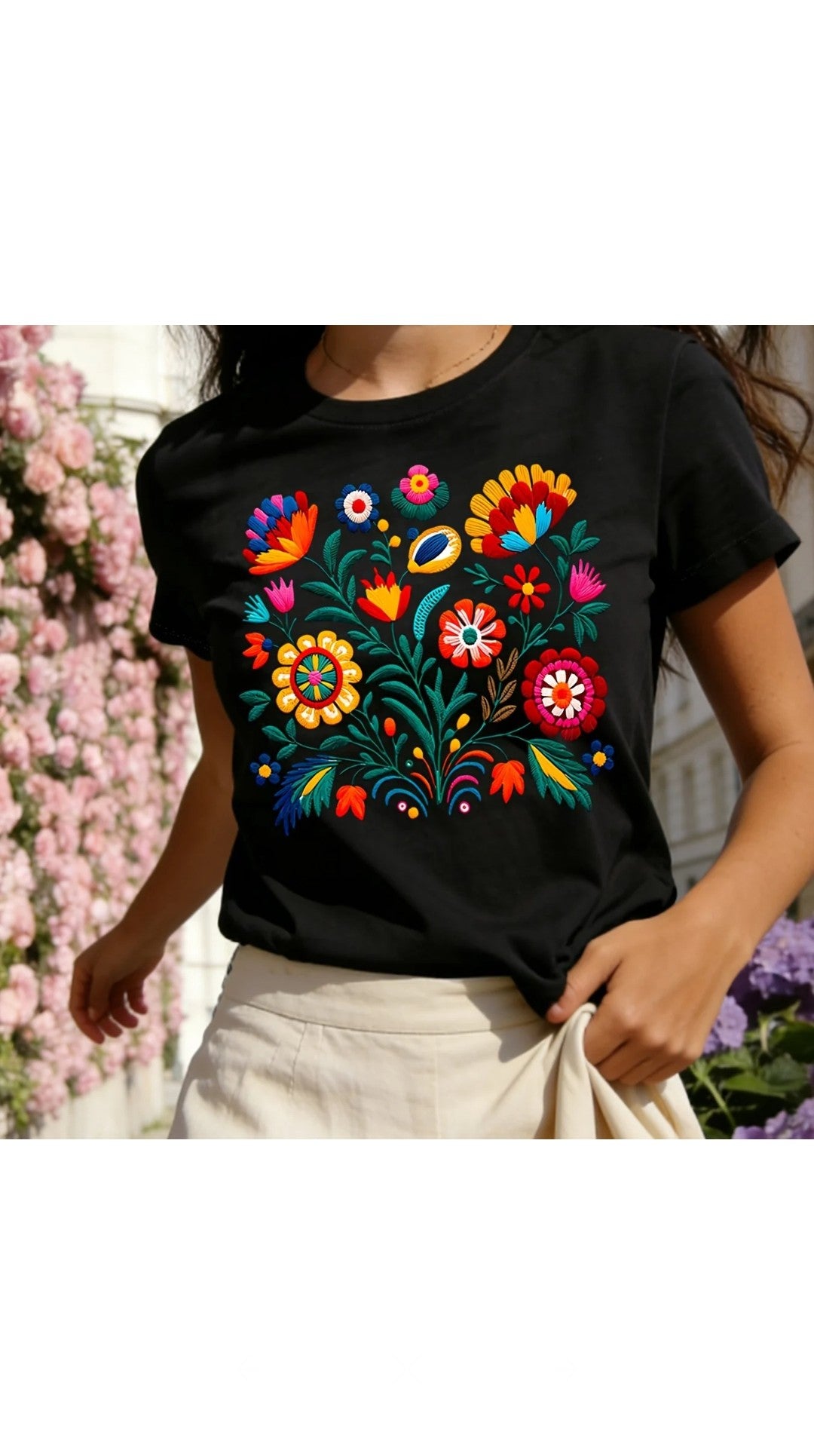 Women's Floral Letter Print T-Shirt | Trendy Graphic Cotton Blend Tee