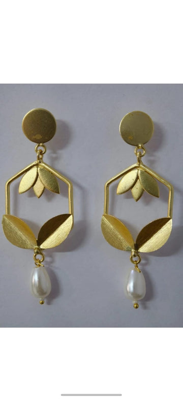 Gold Plated Pearl Leaf Brass Earrings for Women