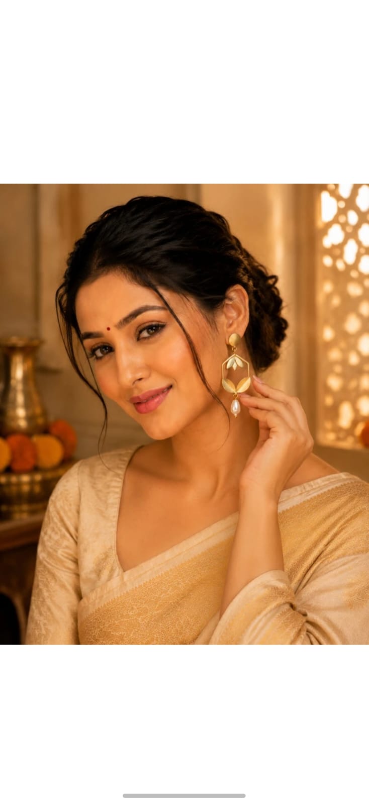 Gold Plated Pearl Leaf Brass Earrings for Women