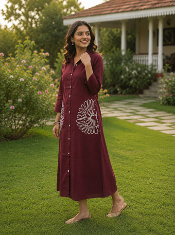 Women's Wine Cotton Shirt Dress with Floral Print Detail