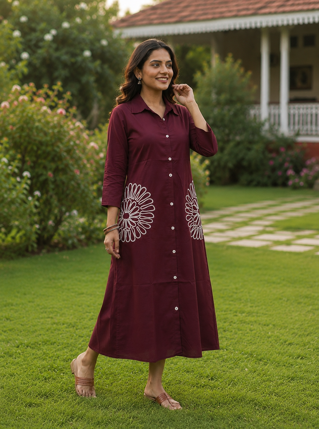 Women's Wine Cotton Shirt Dress with Floral Print Detail