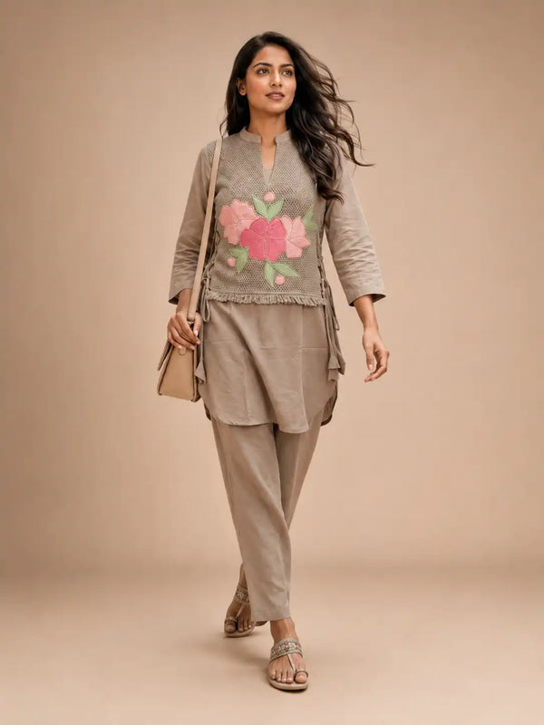 Women's Beige Embroidered Cotton Kurta Pant Set with Floral Design