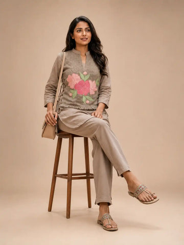 Women's Beige Embroidered Cotton Kurta Pant Set with Floral Design