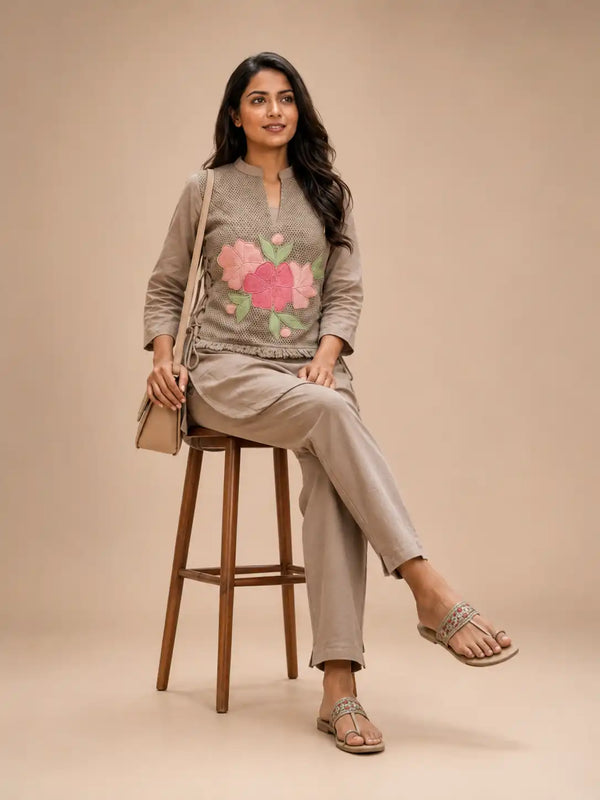 Women's Beige Embroidered Cotton Kurta Pant Set with Floral Design