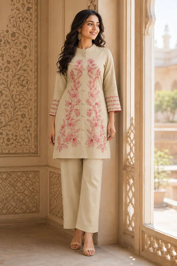 Women’s Beige Floral Embroidered Flex Cotton Co-Ord Set with Wide Leg Pants