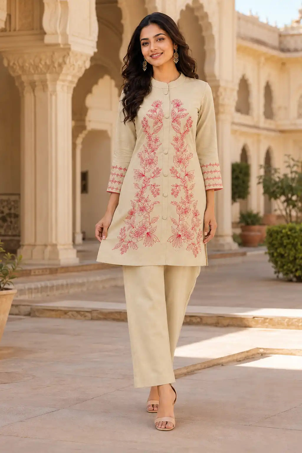 Women’s Beige Floral Embroidered Flex Cotton Co-Ord Set with Wide Leg Pants
