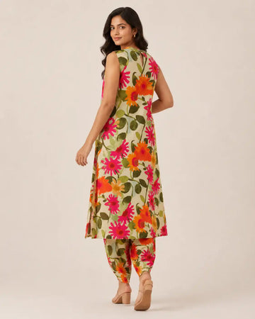 Women's Beige Floral Printed Flex Cotton Co-Ord Set with Wide Leg Pants