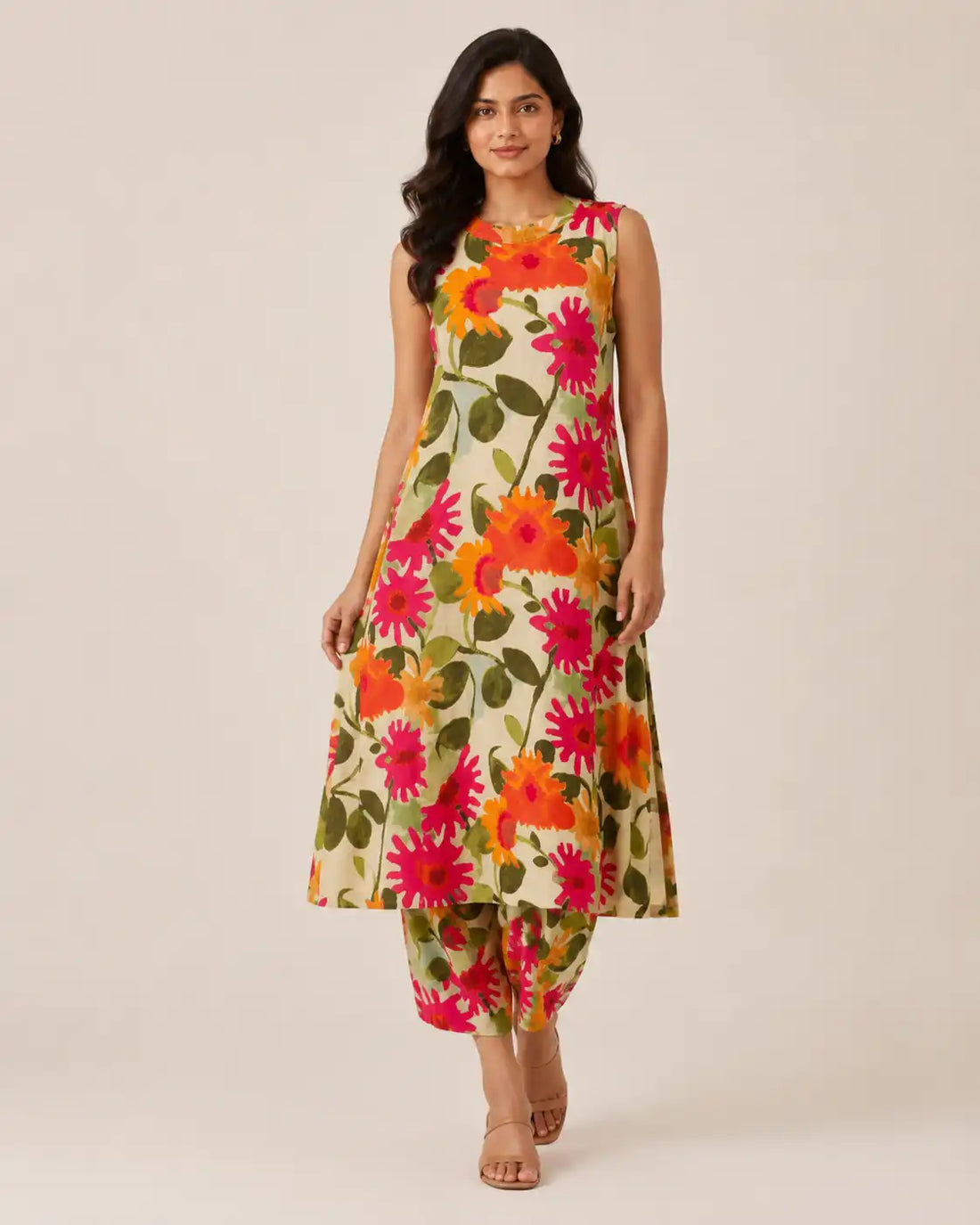 Women's Beige Floral Printed Flex Cotton Co-Ord Set with Wide Leg Pants
