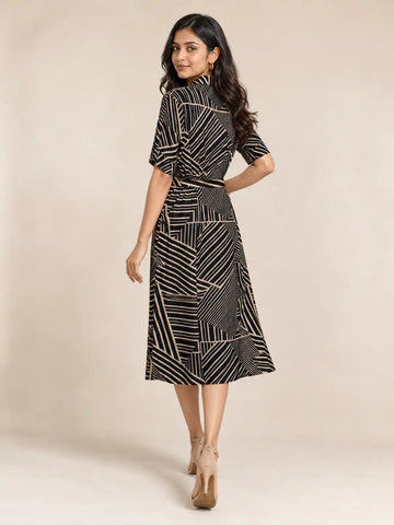 Women's Black & White Geometric Printed Linen Shirt Dress with Belt