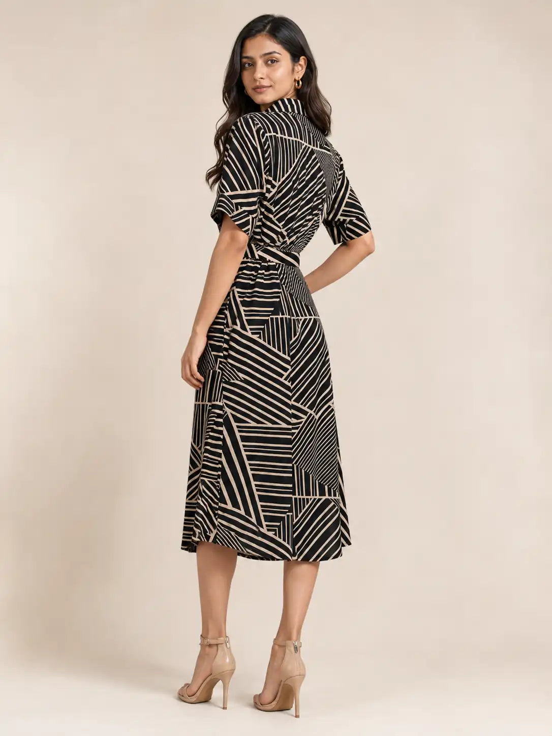 Women's Black & White Geometric Printed Linen Shirt Dress with Belt