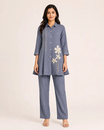 Women's Blue Jute Linen Embroidered Co-Ord Set with Wide Leg Pants