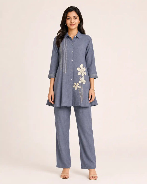 Women's Blue Jute Linen Embroidered Co-Ord Set with Wide Leg Pants