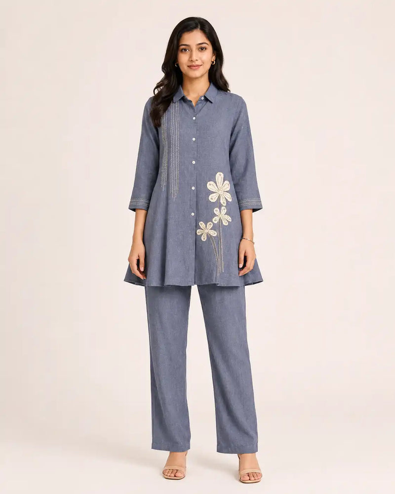 Women's Blue Jute Linen Embroidered Co-Ord Set with Wide Leg Pants