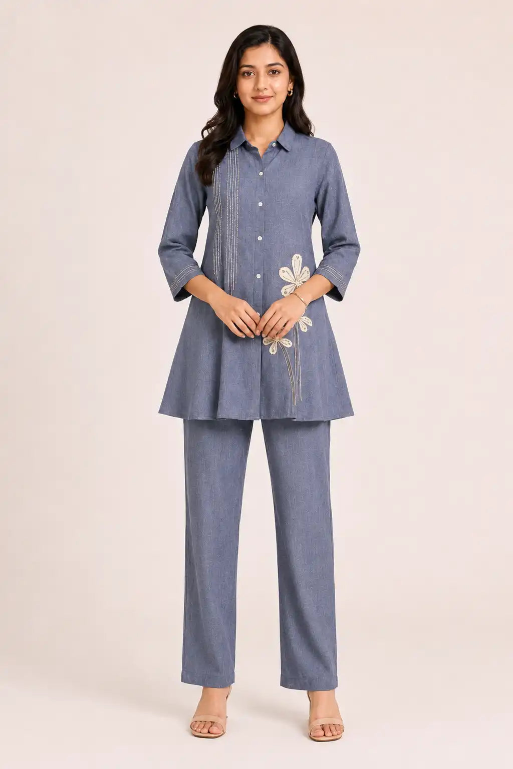Women's Blue Jute Linen Embroidered Co-Ord Set with Wide Leg Pants