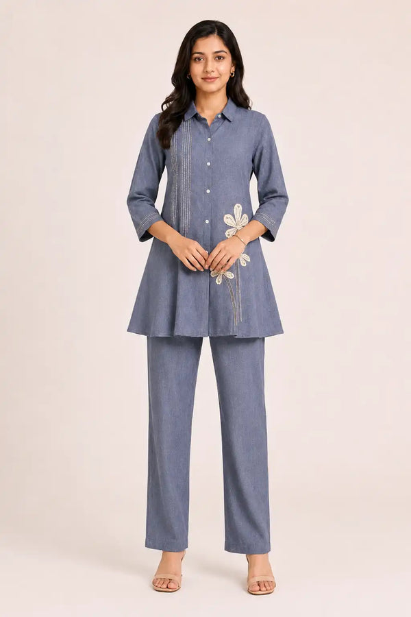 Women's Blue Jute Linen Embroidered Co-Ord Set with Wide Leg Pants