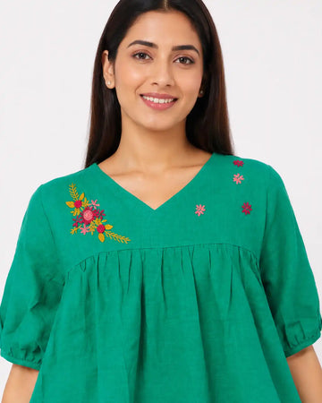Women's Emerald Green Hand Made Floral Embroidered V-Neck Cotton Blend Top | Casual Ethnic Top for Women